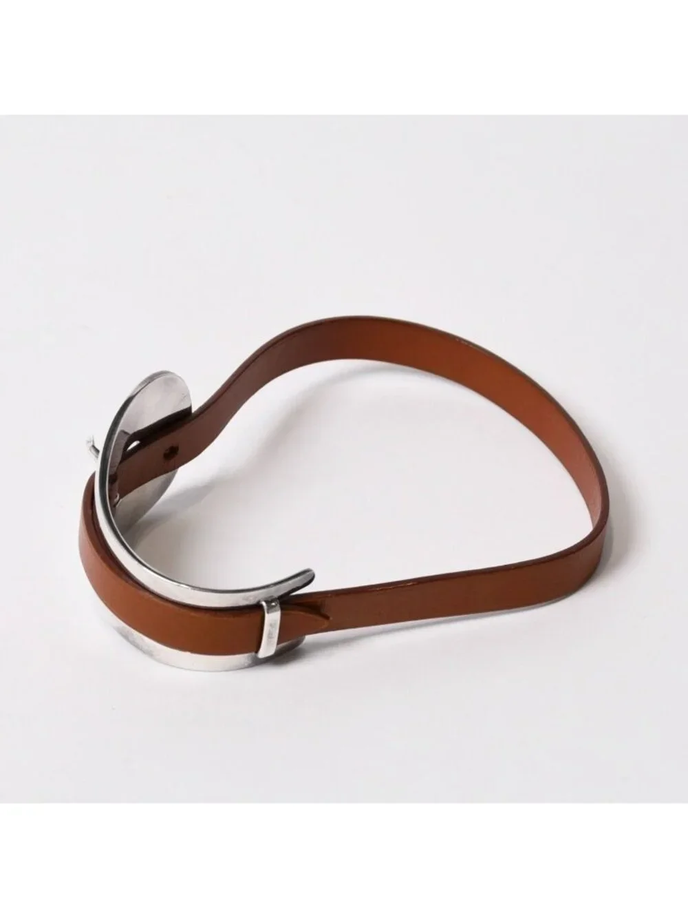 Hermes Belt Motif Leather Bracelet Brown 925 Sterling Silver